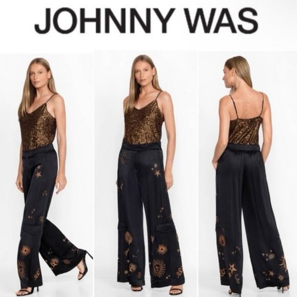 Johnny Was celestial Estrella wide leg satin cargo pants silk blend S small - Picture 15 of 16